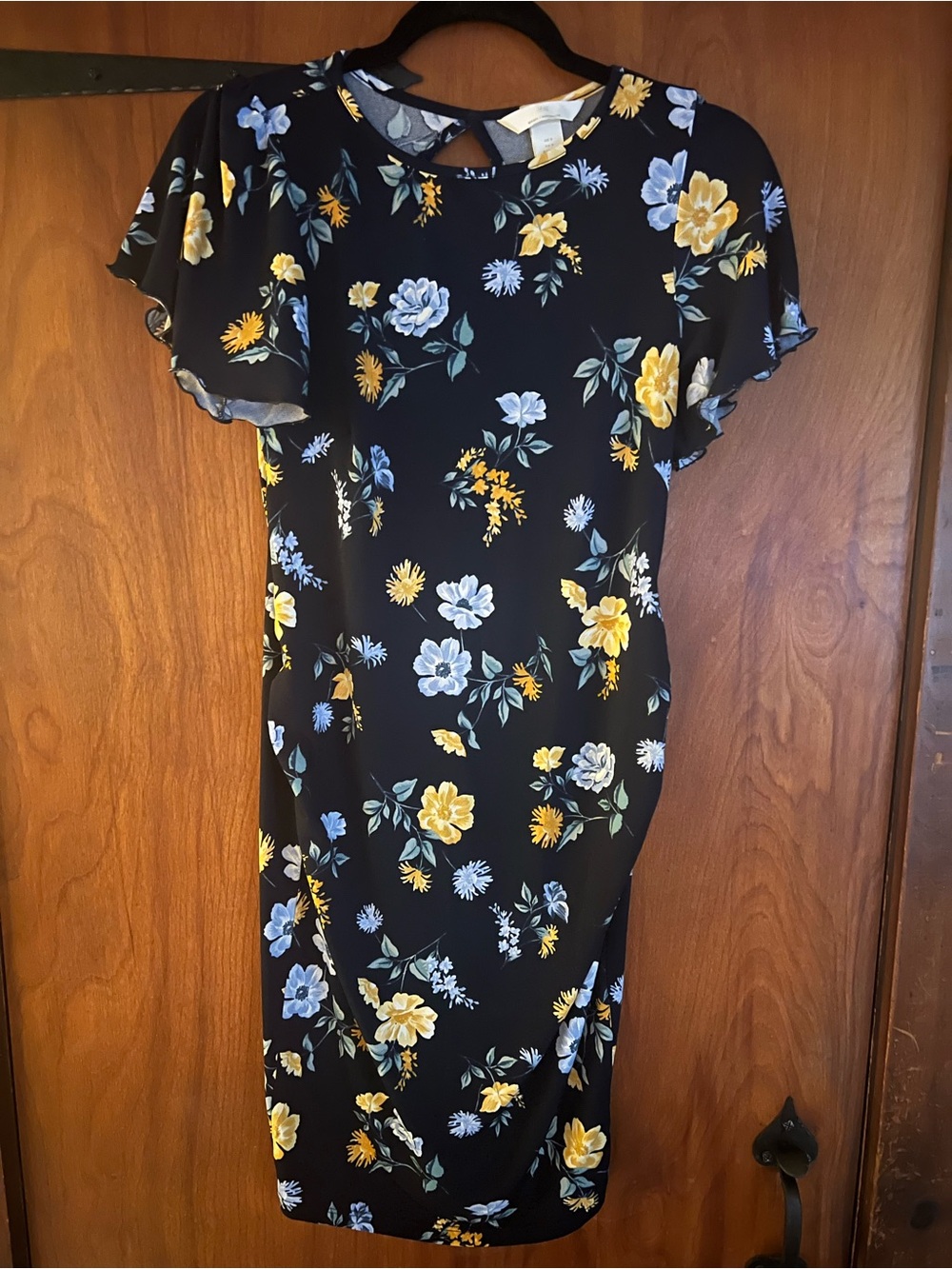 H&M Black Midi Dress with Yellow & Blue Floral Print